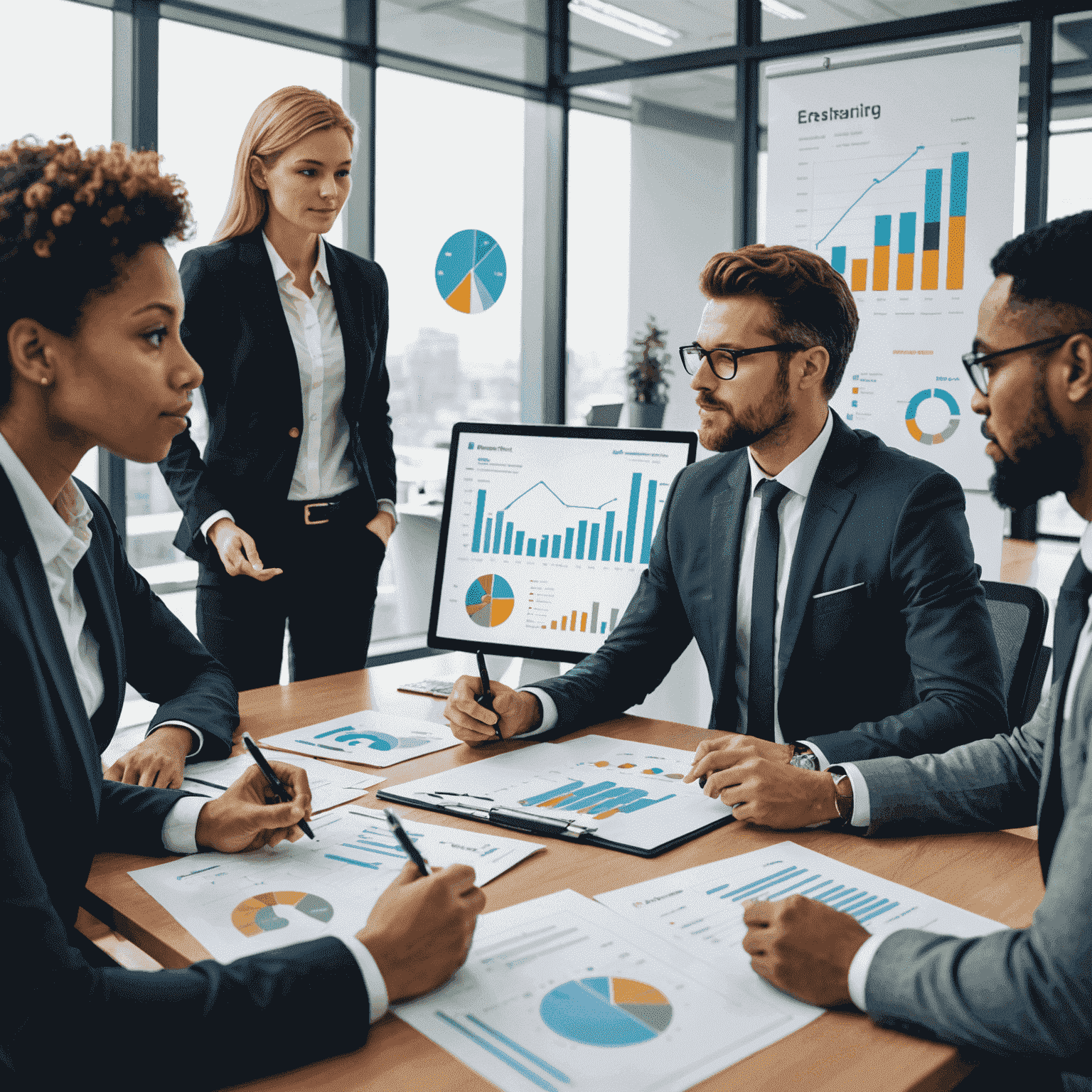 A diverse group of business consultants discussing BEE policy changes in a modern office setting, with charts and graphs visible on screens in the background