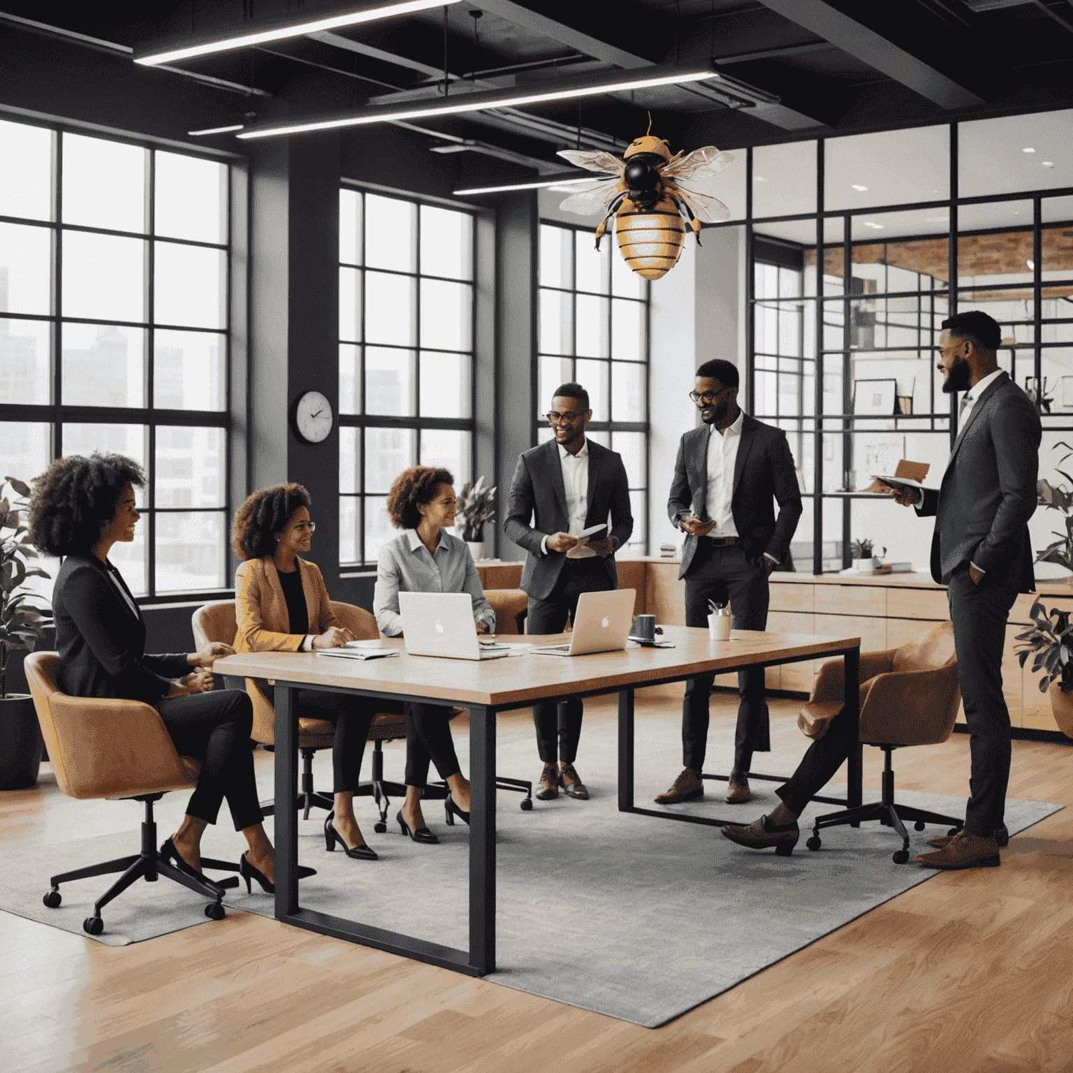 A diverse team of consultants from Firm A collaborating in a modern office space, showcasing their successful BEE policy implementation