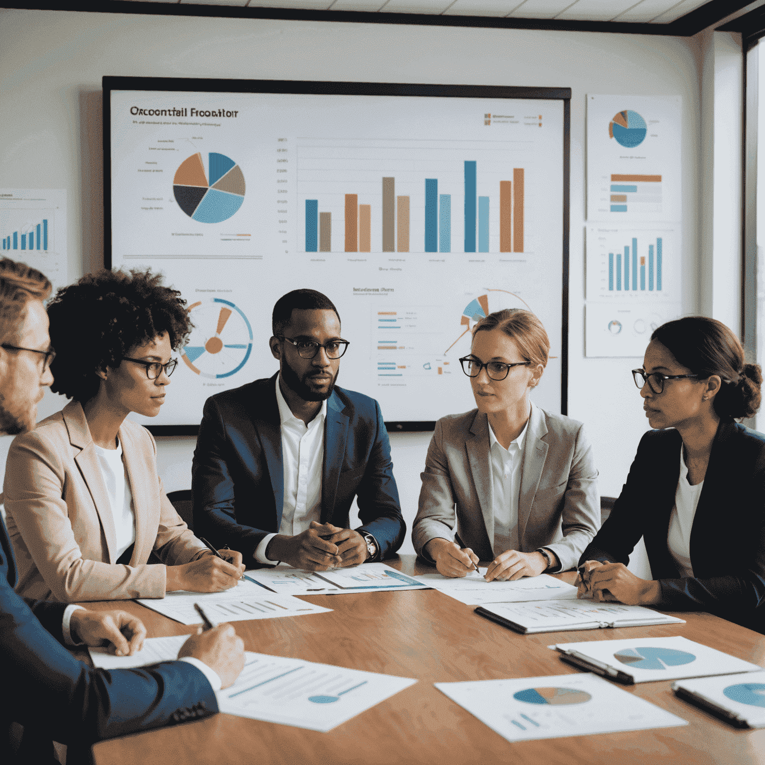 A diverse group of business professionals discussing BEE compliance challenges around a conference table, with charts and graphs visible on a screen behind them