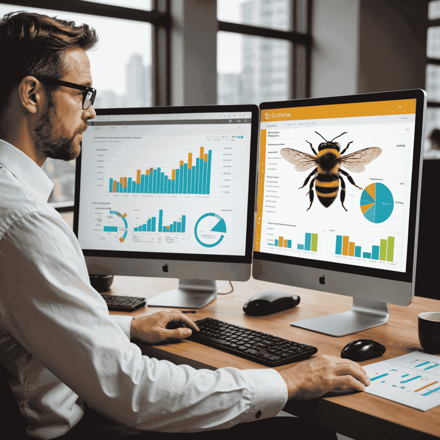 A professional analyzing a BEE scorecard on a computer screen, with charts and graphs visible