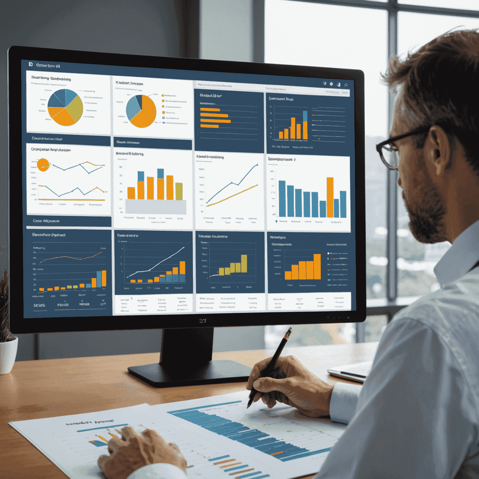 A professional consultant analyzing a BEE scorecard with charts and graphs displayed on a large screen. The image conveys the idea of comprehensive evaluation and strategic planning.