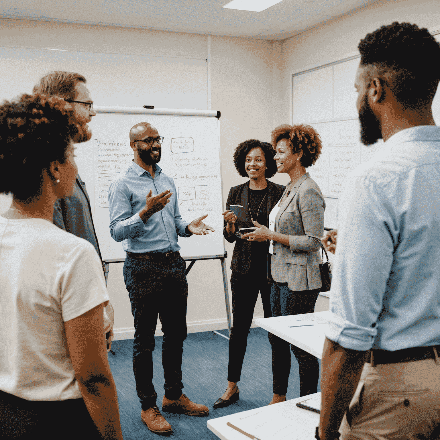 A diverse group of professionals engaged in a BEE training session, with a facilitator explaining concepts using a whiteboard