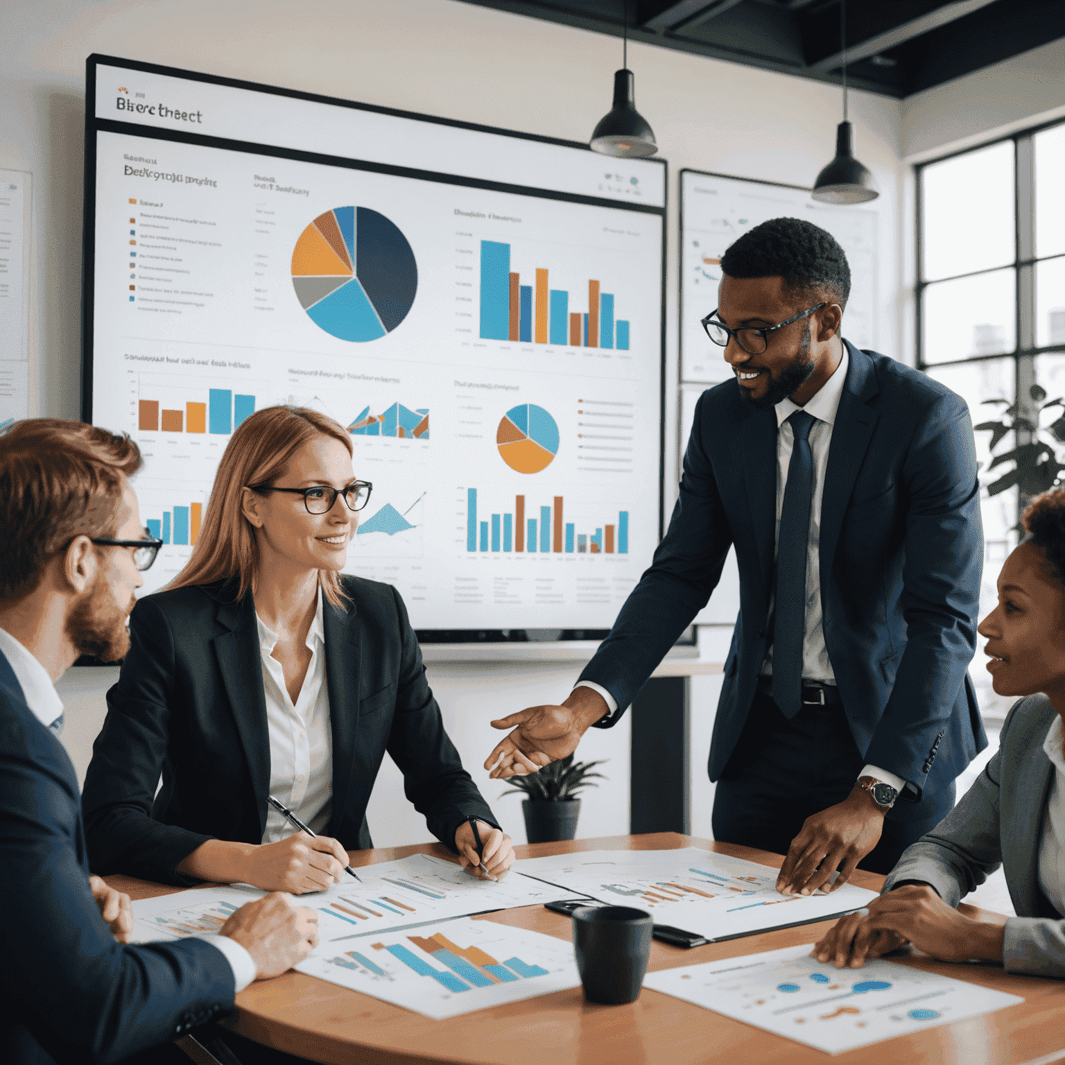 A diverse group of business professionals collaborating on a BEE strategy plan, with charts and graphs displayed on a large screen in the background