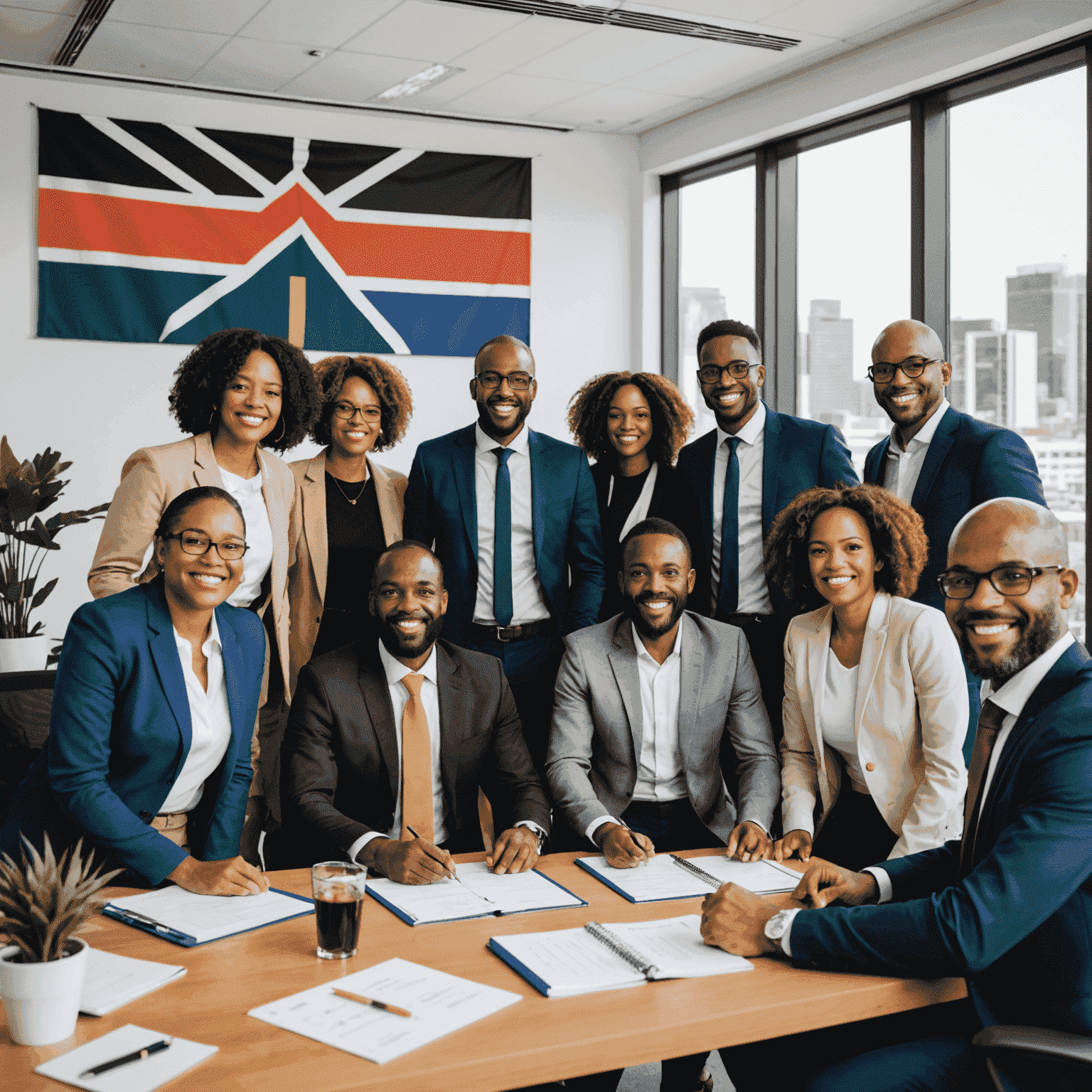 A successful diverse team of consultants celebrating their achievements in meeting BEE criteria, with a backdrop of a modern office space and South African flag