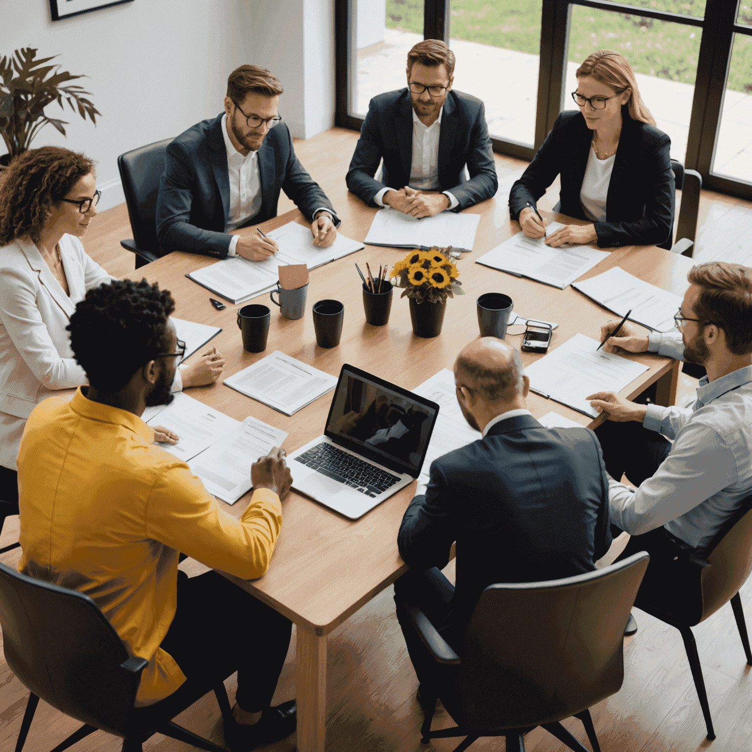 A diverse team of consultants discussing BEE compliance strategies around a table with documents and laptops