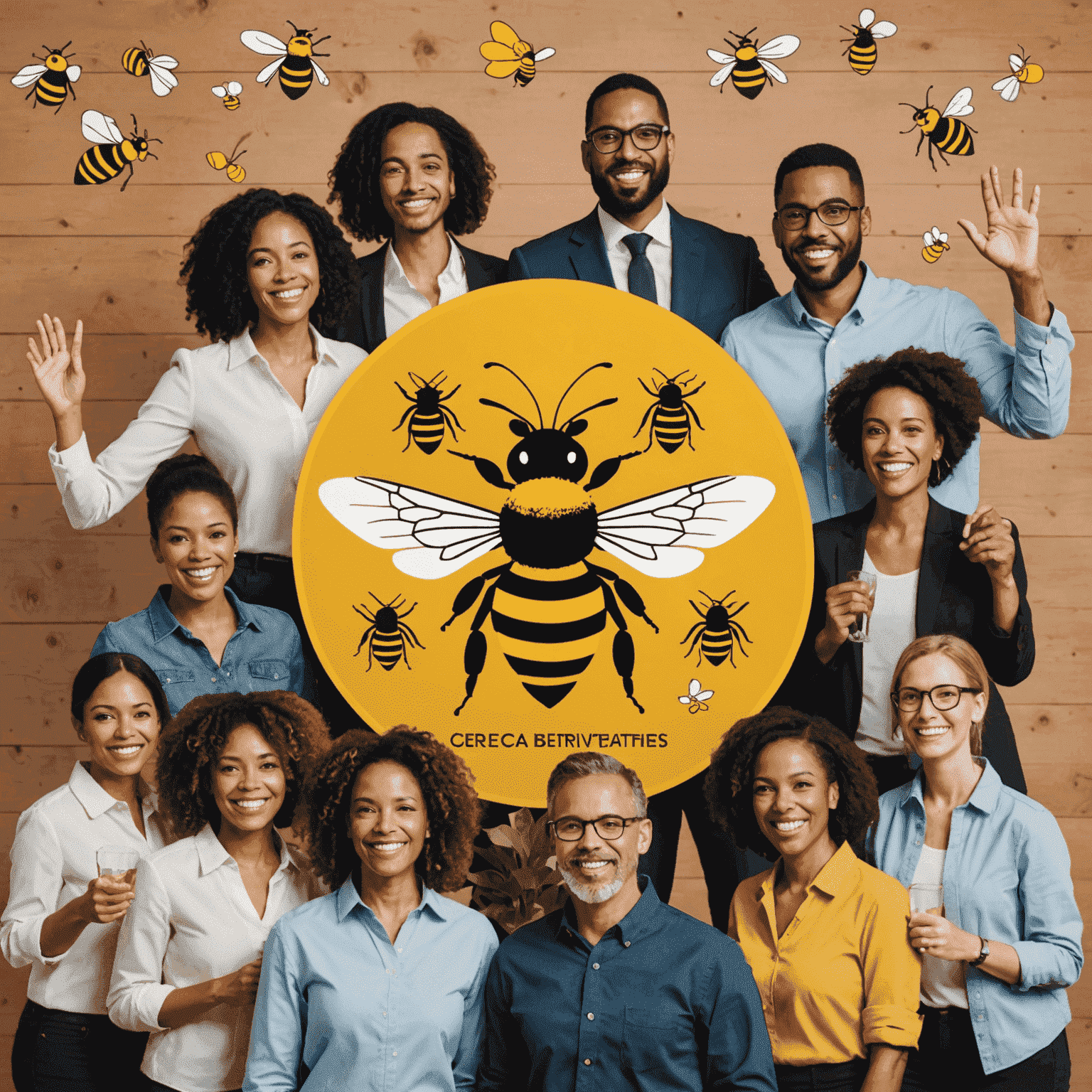 A diverse team celebrating success, with BEE certification prominently displayed and various business opportunities represented by icons in the background