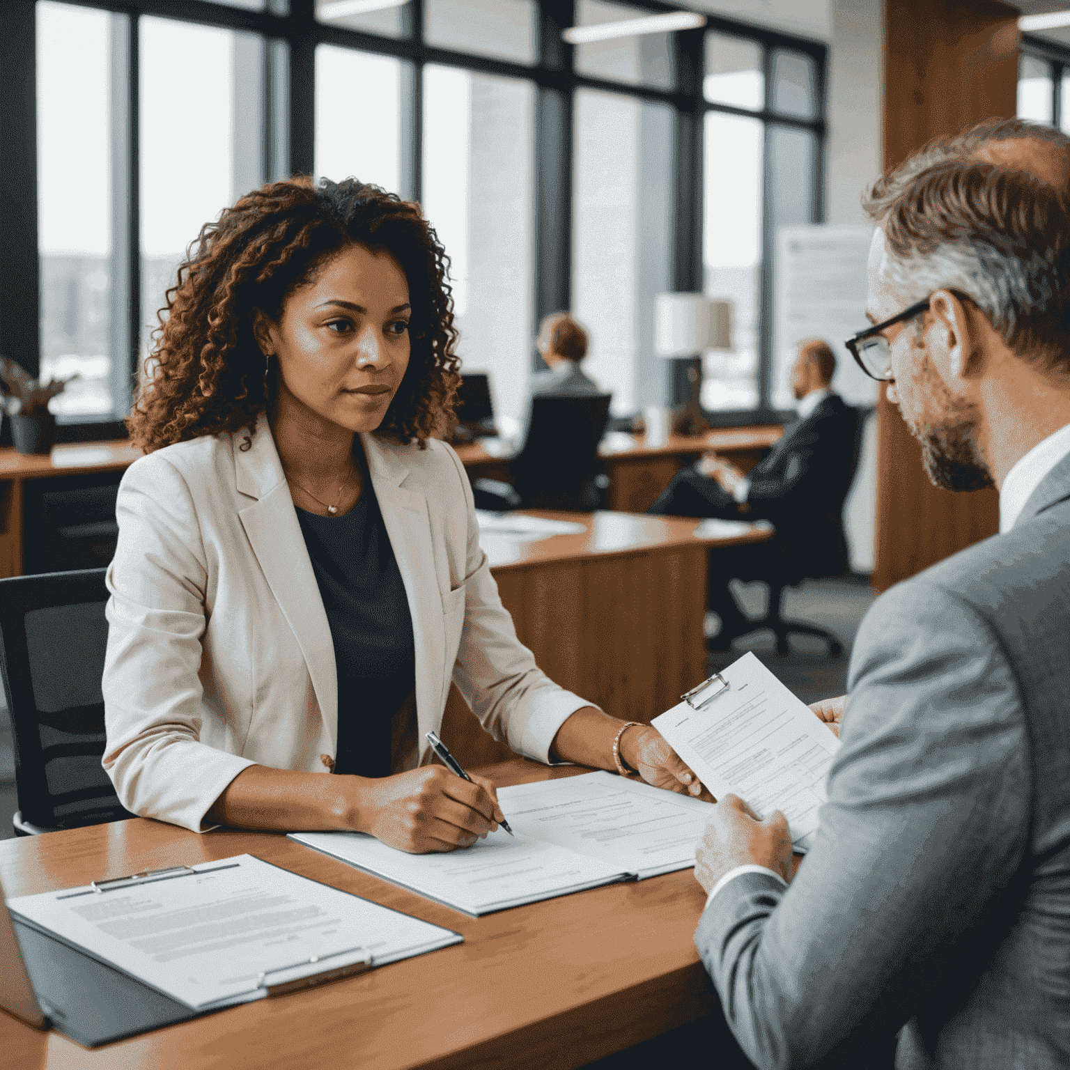 A consultant reviewing and organizing BEE compliance documents with a client in an office setting